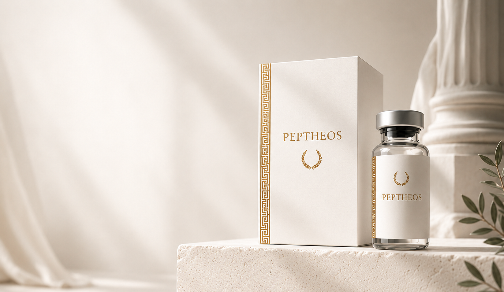 Peptheos research peptide vials on warm stone