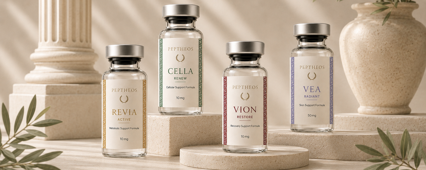 Peptheos research peptide vials on warm stone